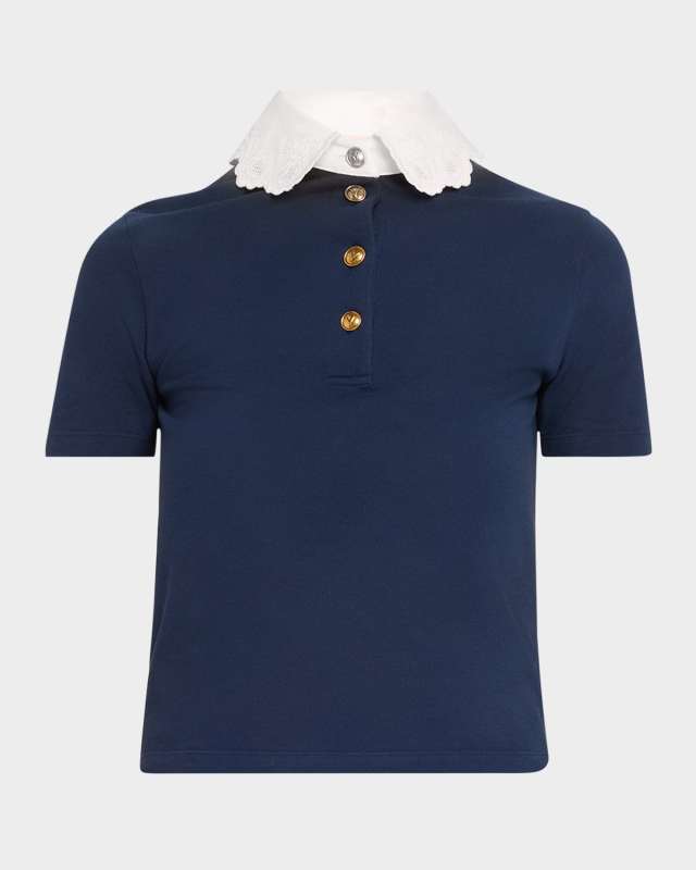 Lace-Collar Short-Sleeve Knit Polo Top